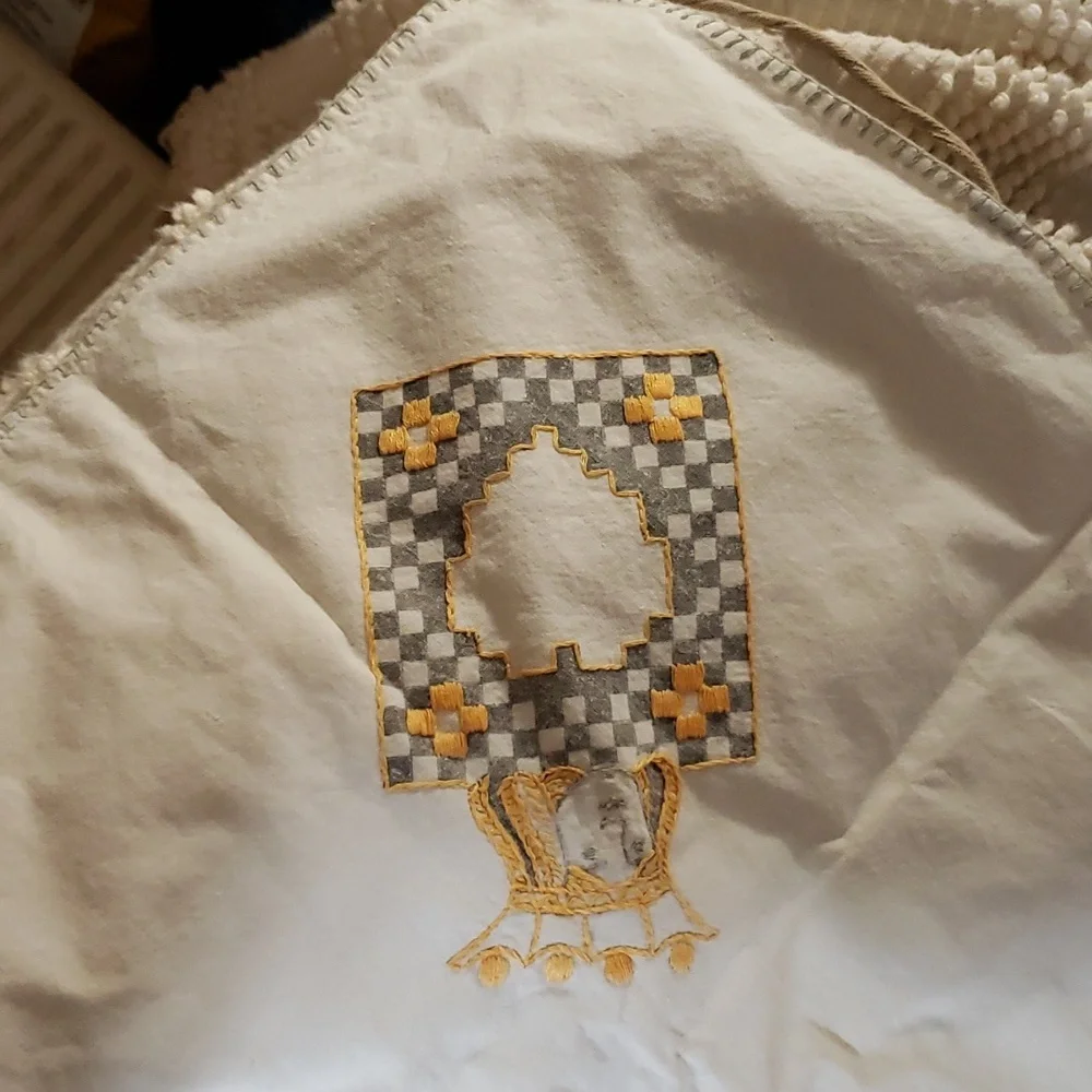 Vintage Card table cover. Handstitched pink an yellow.
